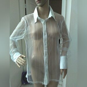 NWT INCERUN Sheer White Striped Button-Up Blouse🔥🔥 Fab. CUFFS Oversized Sm